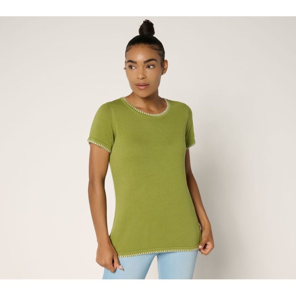 Belle by Kim Gravel Women's Top Sweater Sz M Blanket Stitch Shell Green A695163
